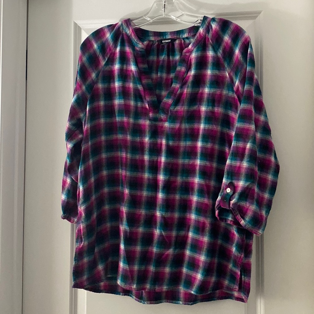 Express Collarless Plaid Tunic Shirt size M